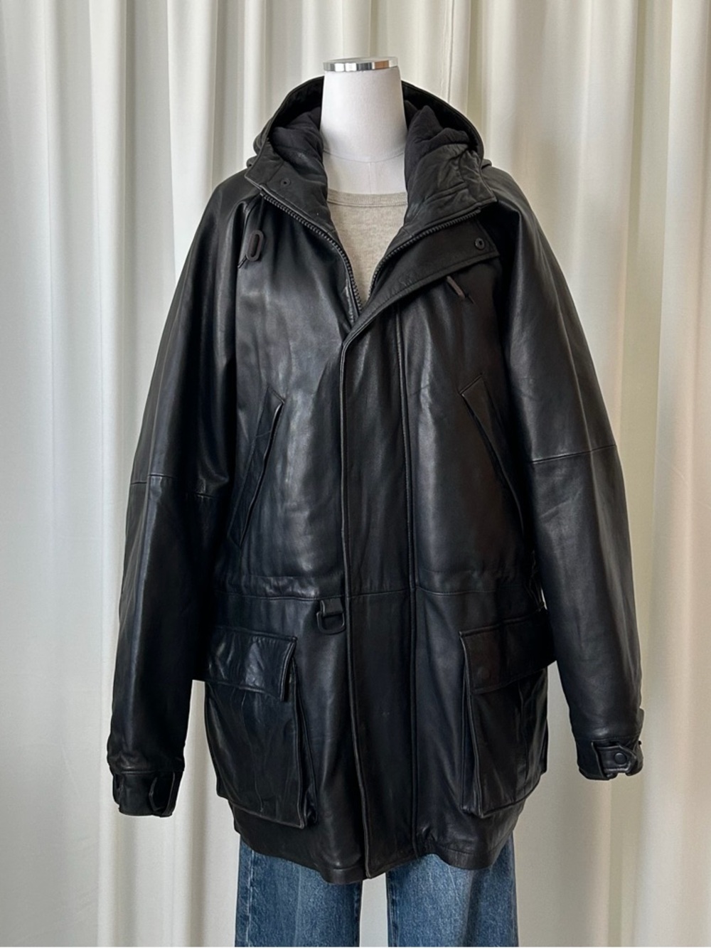 Vintage 90s Polo Sport Ralph Lauren Leather Parka Jacket Hooded Black XL Rare. - Picture 3 of 16